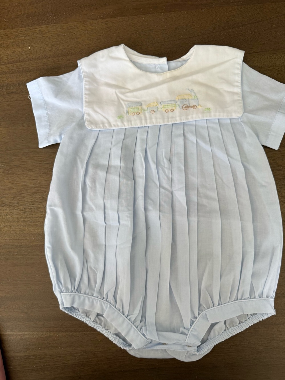 Petit Ami White and Light Blue Pleated Baby Romper with Embroidered Label